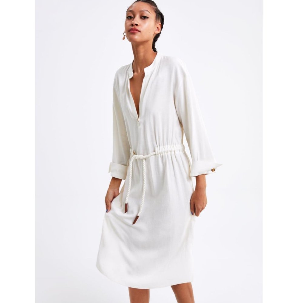 NWOT Zara Cord Robe Belted Dress Split Neck Ivory